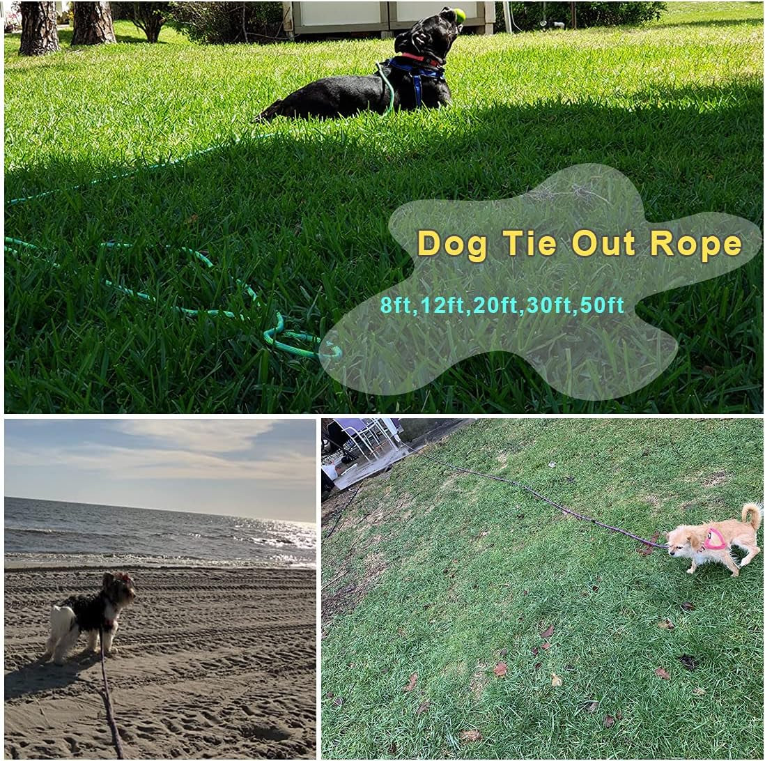 8Ft 12Ft 20Ft 30Ft 50Ft 75Ft Dog Tie Out Long Tether Rope Dog Lead, Outdoor Yard Leash, Large Medium Dogs Training, Playing, Camping, Backyard (Green, 50 Foot)
