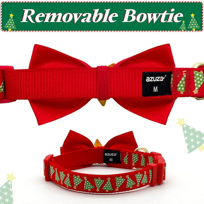 Christmas Dog Collar with Bow Tie - Adjustable Festival Green Tree Collar for Medium Dogs
